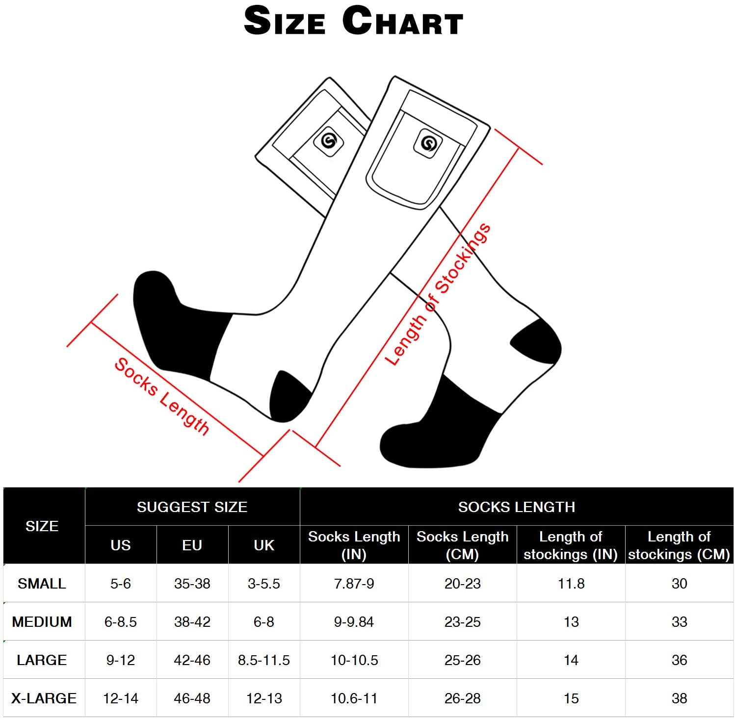 SNOW DEER Heated Electric Socks - Size Chart